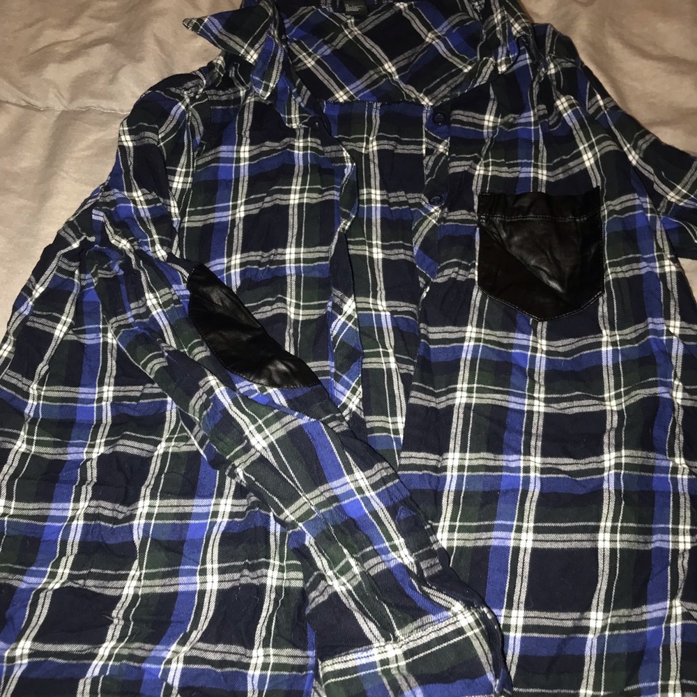 Navy button up with faux leather detail